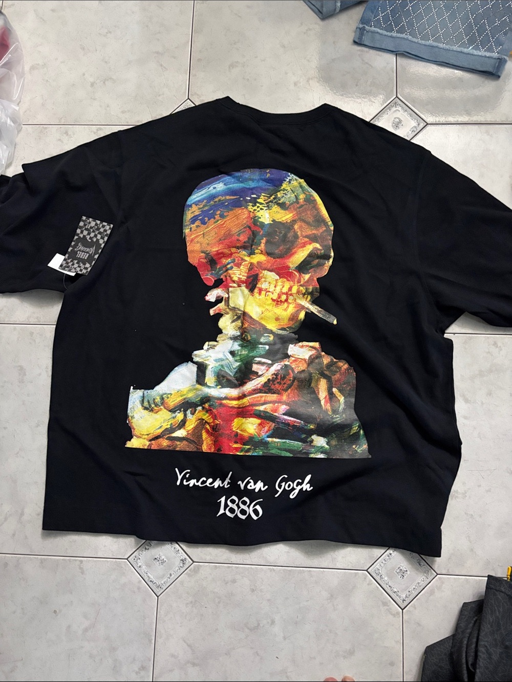 Rebellious One Black Tee with Multicolor Vincent van Gogh Skull